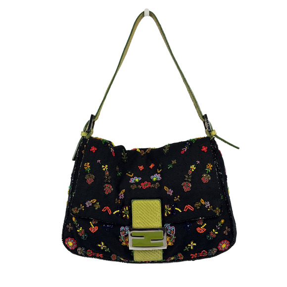Fendi Black Knit Floral Beaded Embroidered Mamma Baguette w Green Lizard Trim - Picture 1 of 9